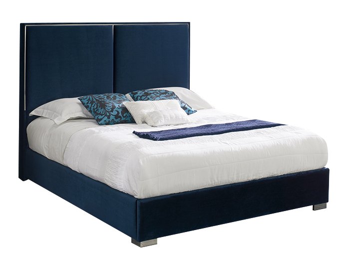 modern bed with stylish headboard sectioned in 2 reactangular pieces, in blue, available in bel air, benalmadena, casares, duqeuesa, fuengirola, gibraltar, malaga, sotogrande, estepona, etc.
