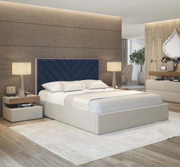 modern bed with stylish v shaped headboard sectioned in blue color, available in bel air, benalmadena, casares, duqeuesa, fuengirola, gibraltar, malaga, sotogrande, estepona, etc.