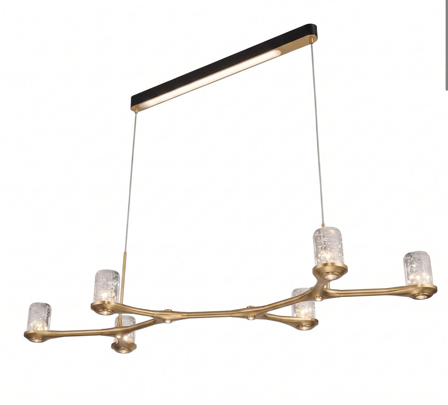 Modern multi-light linear chandelier with a brushed gold branch-like metal frame, clear textured glass shades, and a black rectangular ceiling canopy on a white background.