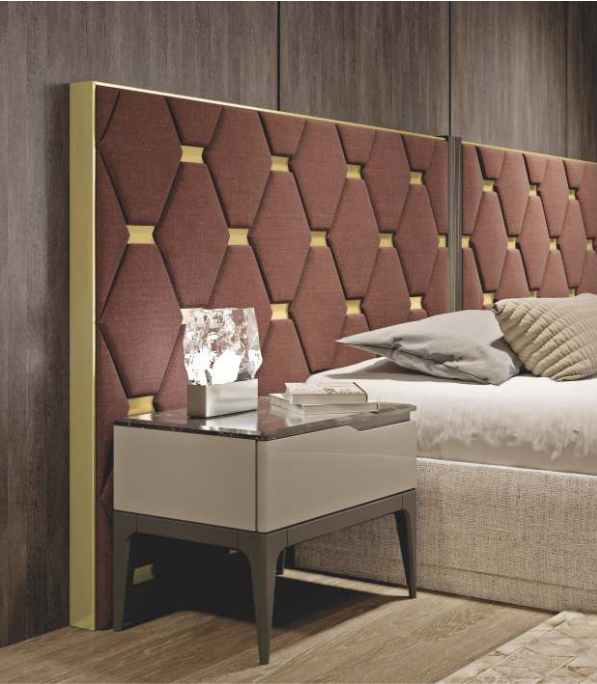 elegant italian red modern bed with stylish headboard with hexagon patterns and golden pieces, bed base included, available in marbella, fuengirola, gibraltar, malaga, estepona, etc