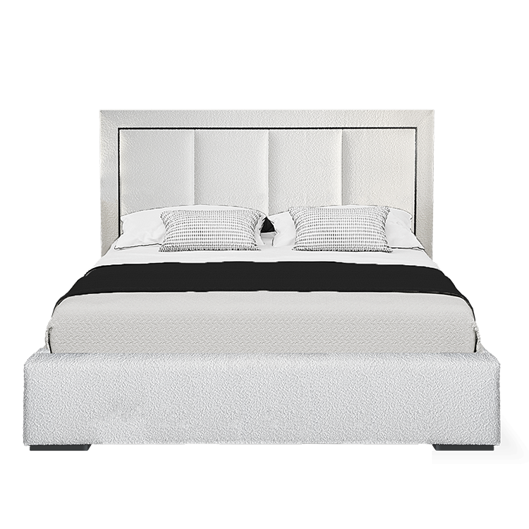 modern bed with stylish headboard sectioned in 4 rectangular pieces, in brown, available in bel air, benalmadena, casares, duqeuesa, fuengirola, gibraltar, malaga, sotogrande, estepona, etc.