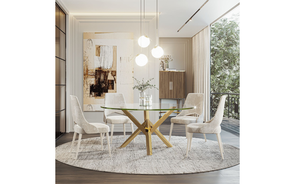 luxury round dining table made of glass and aluminium steel legs available in gibraltar, bel air, marbella, malaga.