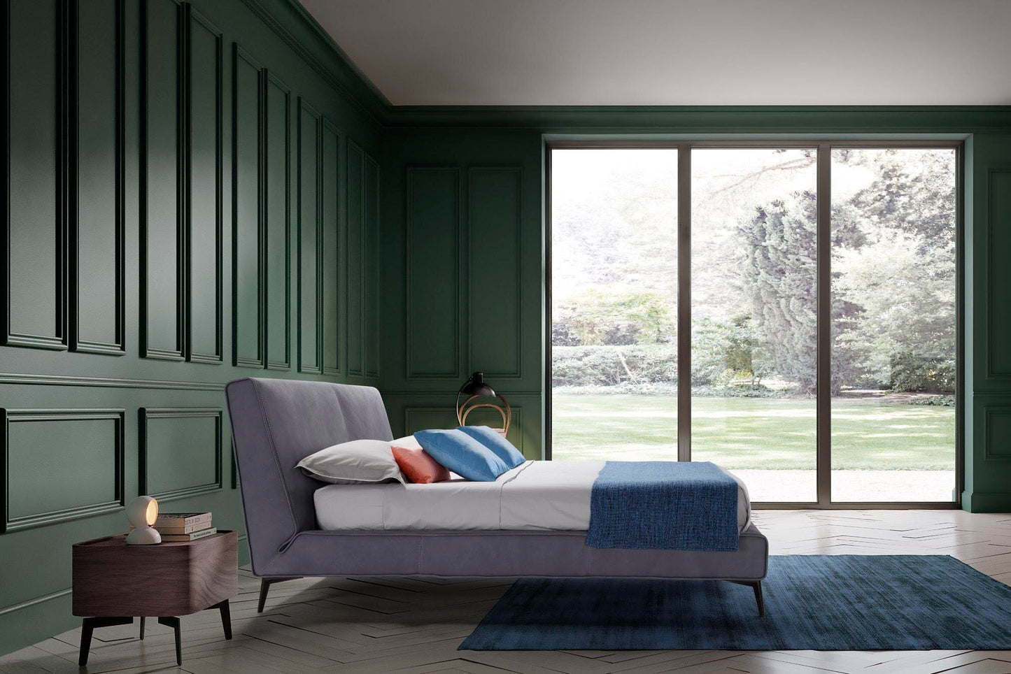 an elegant italian grey modern bed with stylish headboard sectioned in two pieces, bed base with thin aluminium legs, available in marbella, fuengirola, gibraltar, malaga, estepona, etc