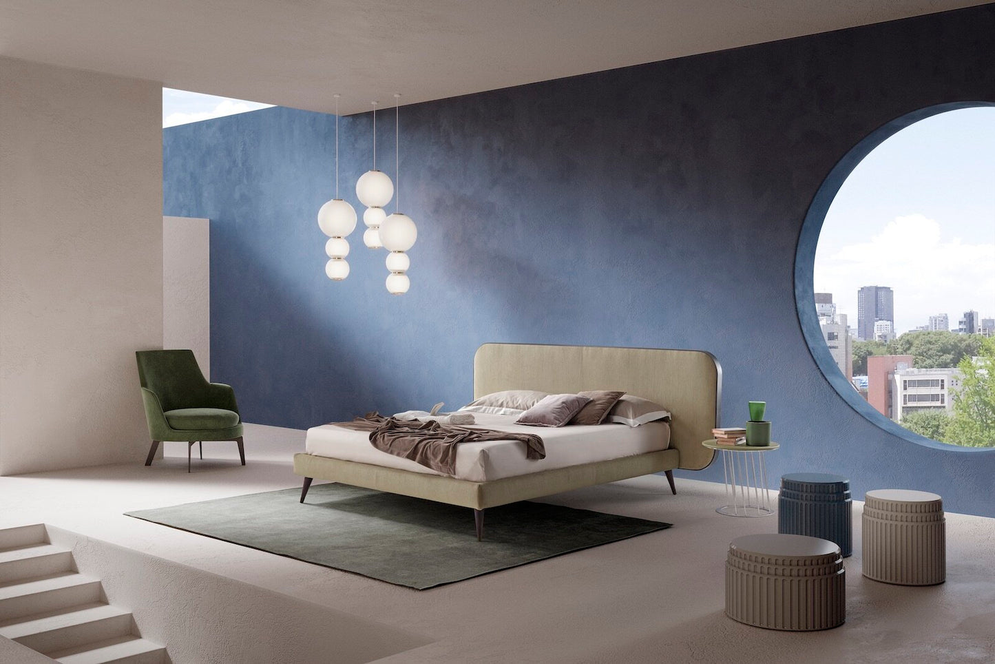 an elegant italian beige modern bed with stylish headboard with round edges and textured fabric, available in marbella, fuengirola, gibraltar, malaga, estepona, etc