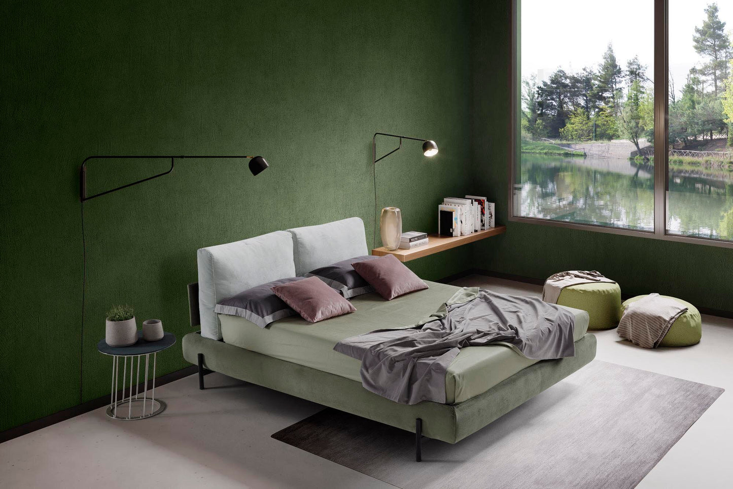 modern bed with stylish fluffy headboard sectioned in 2 parts in white and green, available in marbella, fuengirola, gibraltar, malaga, estepona, etc.