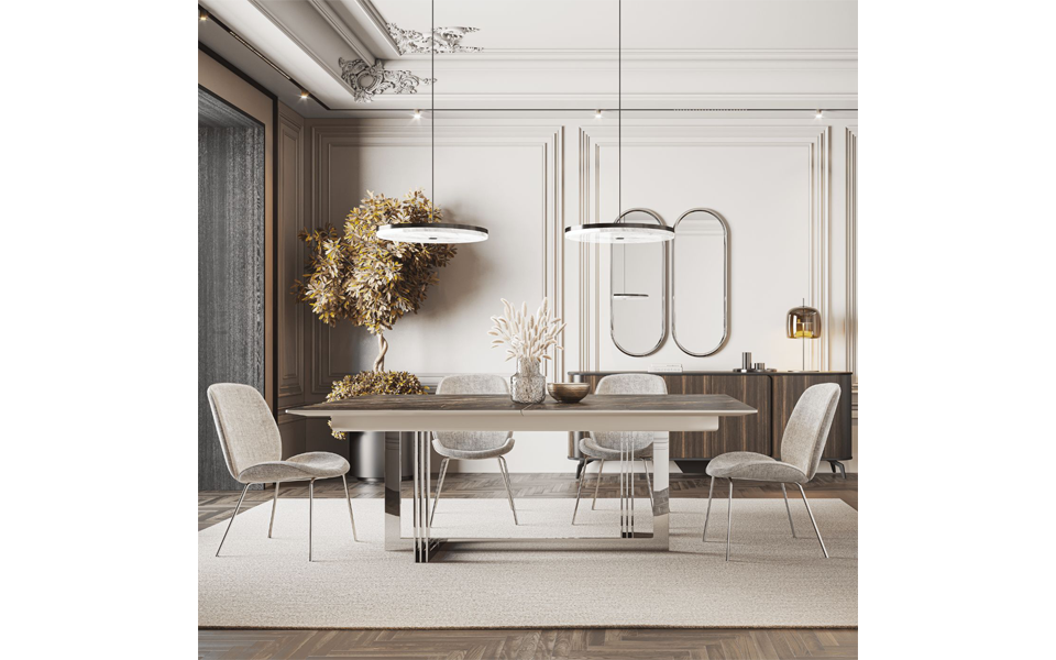 elegant luxury furniture dining table with dark marble top and steel legs in silver available in estepona, malaga, torremolinos.