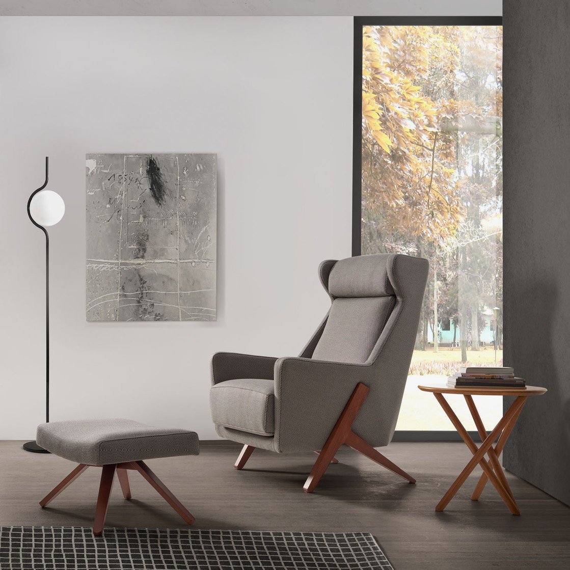 comfortable grey armchair with wooden legs and a footstool with grey color available in marbella, malaga, estepona, gibraltar, bel air.