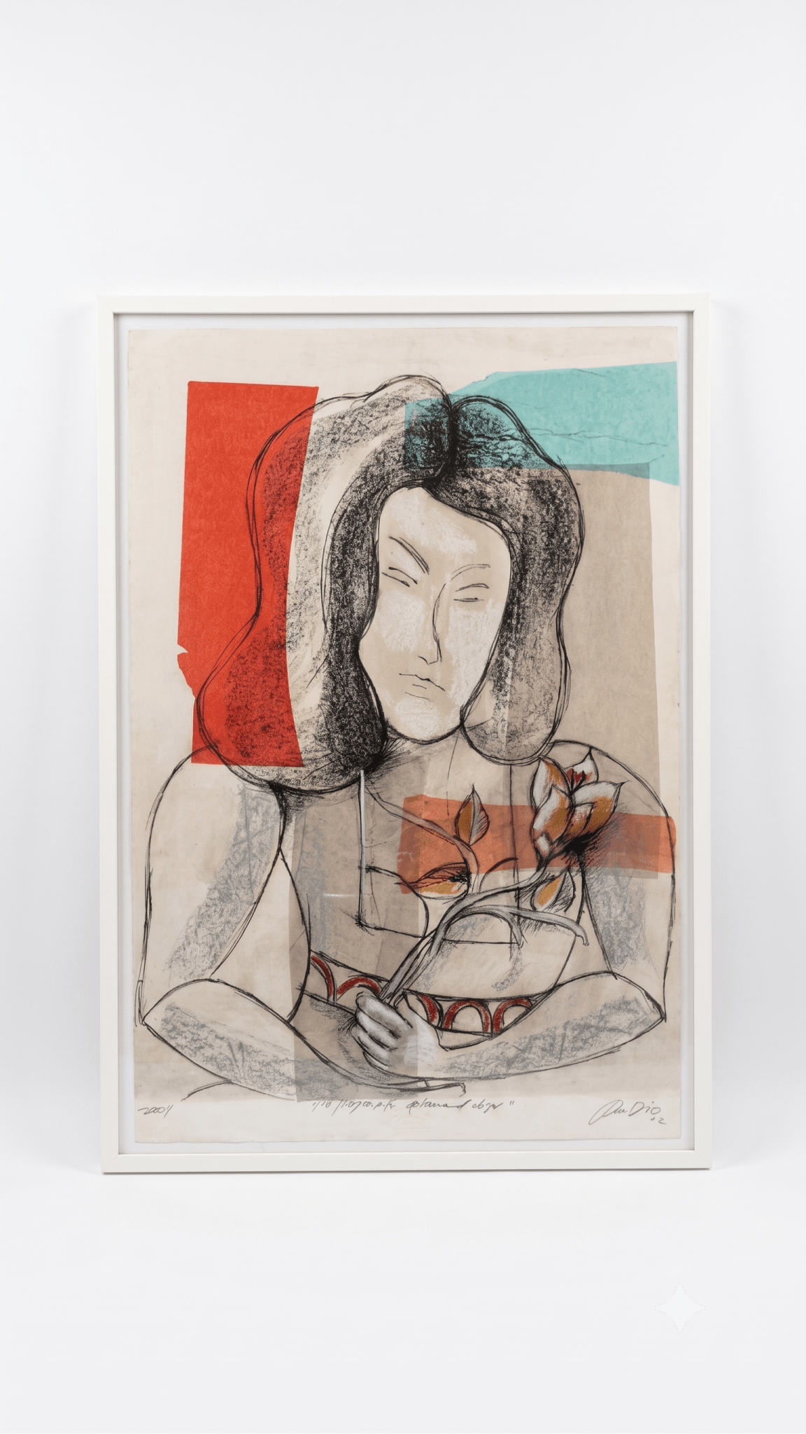 Framed artwork of a stylized portrait with abstract elements on a white background