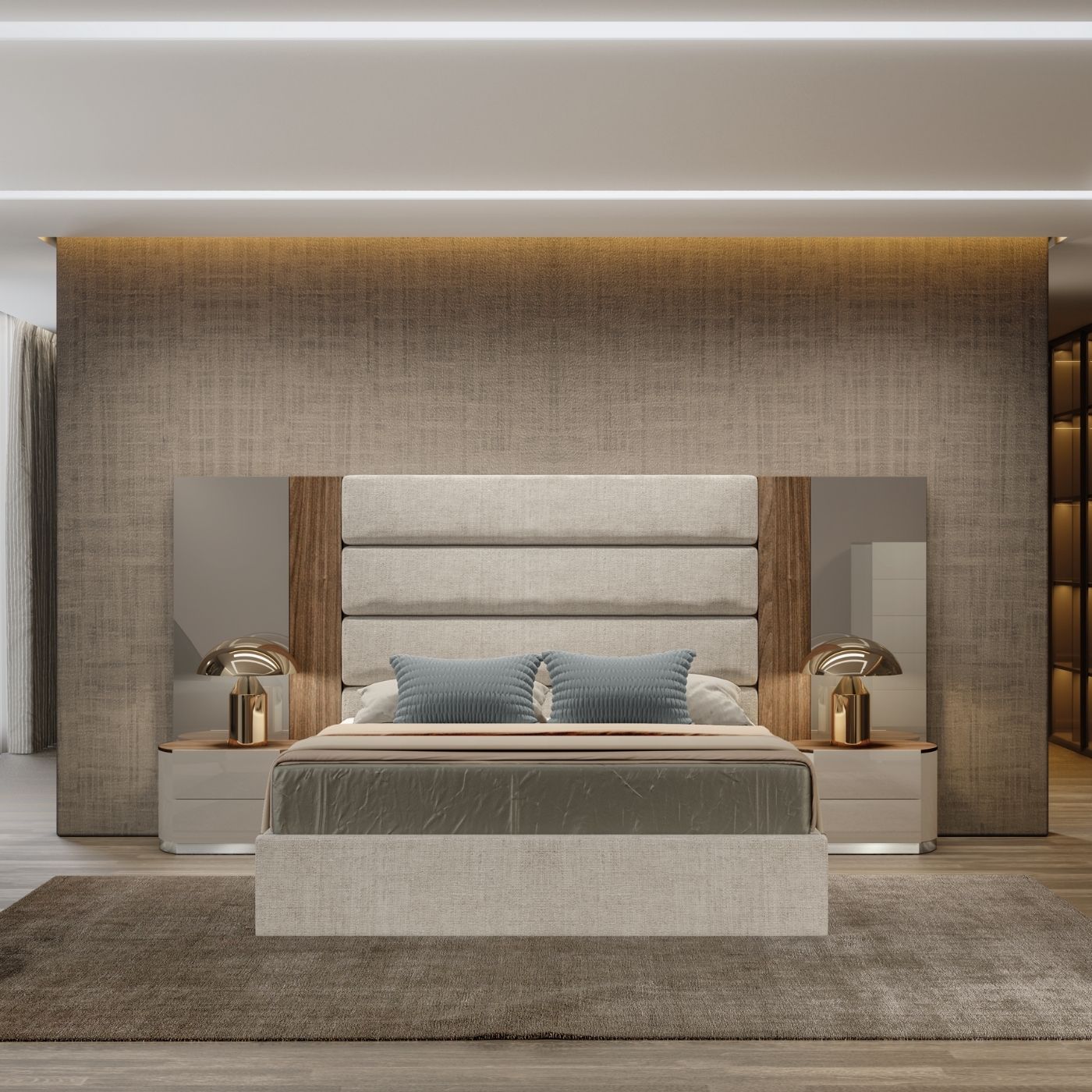 elegant italian grey modern bed with stylish headboard made of 4 horizontal pieces wrapped in fabric and 2 wooden vertical pieces and 2 lacquer pieces, bed bases included, available in marbella, fuengirola, gibraltar, malaga, estepona, etc