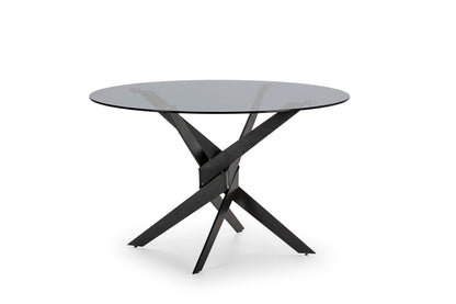 elegant modern round dining table made in glass and aluminium legs available in bel air, gibraltar, marbella, malaga.