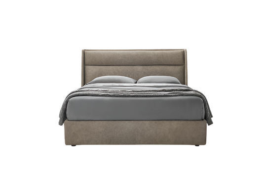 elegant italian brown modern bed with stylish headboard with horizontal sections, bed base included, available in marbella, fuengirola, gibraltar, malaga, estepona, etc