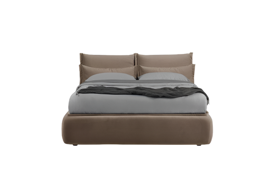 elegant italian brown modern bed with stylish headboard shaped like a pillow, bed base included, available in marbella, fuengirola, gibraltar, malaga, estepona, etc