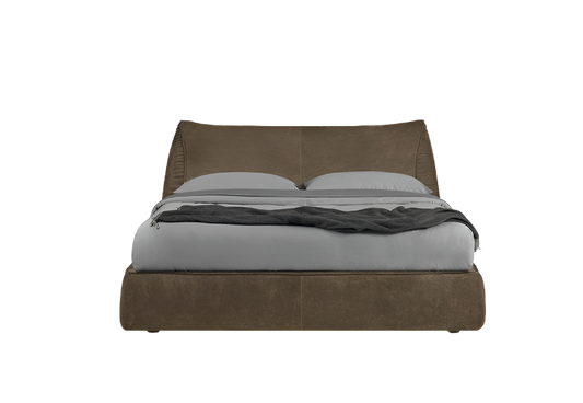 elegant italian brown modern bed with stylish headboard with pillow like shape, bed base included, available in marbella, fuengirola, gibraltar, malaga, estepona, etc