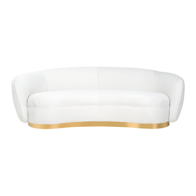 luxury sofa curved in white fabric with golden legs available in marbella, malaga, torremolinos, duquesa.