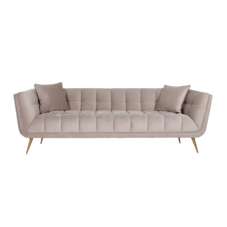 elegant modern minimalist furniture sofa with golden legs and khaki color fabric in marbella, malaga, torremolinos, gibraltar, el paraiso.