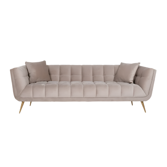 elegant modern minimalist furniture sofa with golden legs and khaki color fabric in marbella, malaga, torremolinos, gibraltar, el paraiso.