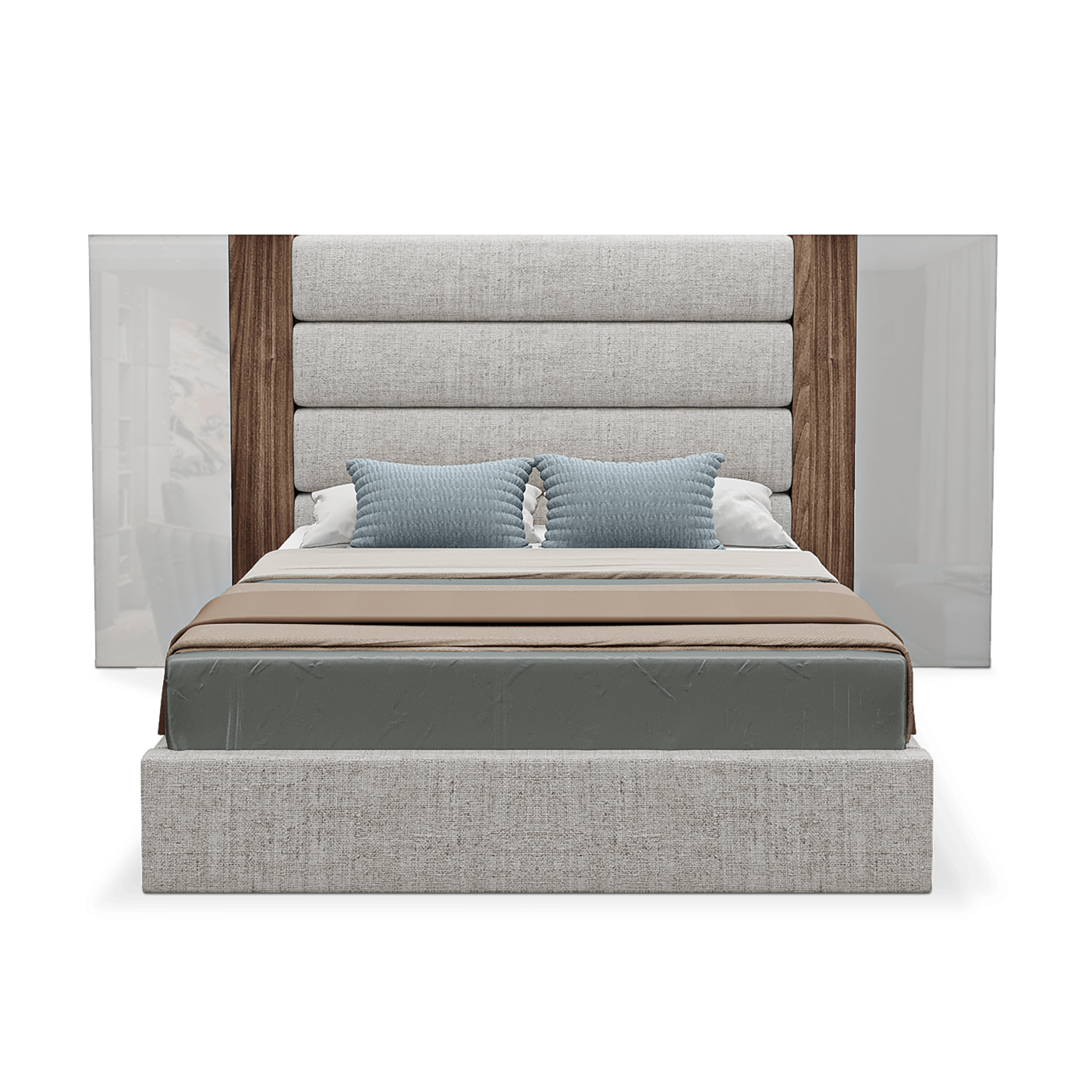 elegant italian grey modern bed with stylish headboard made of 4 horizontal pieces wrapped in fabric and 2 wooden vertical pieces and 2 mirror pieces, bed bases included, available in marbella, fuengirola, gibraltar, malaga, estepona, etc