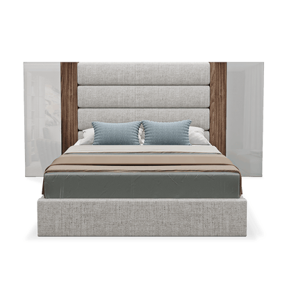 elegant italian grey modern bed with stylish headboard made of 4 horizontal pieces wrapped in fabric and 2 wooden vertical pieces and 2 mirror pieces, bed bases included, available in marbella, fuengirola, gibraltar, malaga, estepona, etc