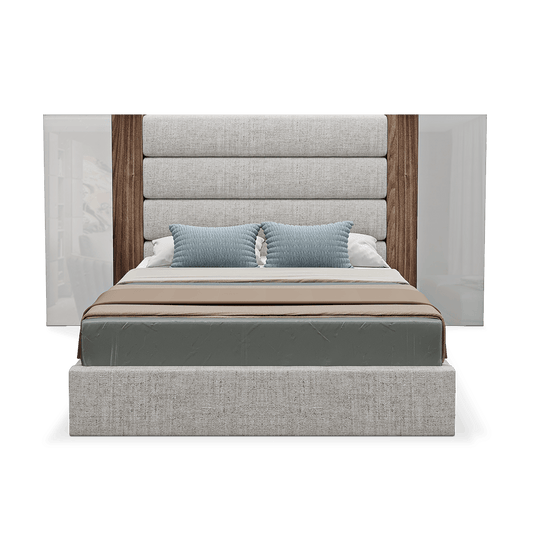 elegant italian grey modern bed with stylish headboard made of 4 horizontal pieces wrapped in fabric and 2 wooden vertical pieces and 2 mirror pieces, bed bases included, available in marbella, fuengirola, gibraltar, malaga, estepona, etc