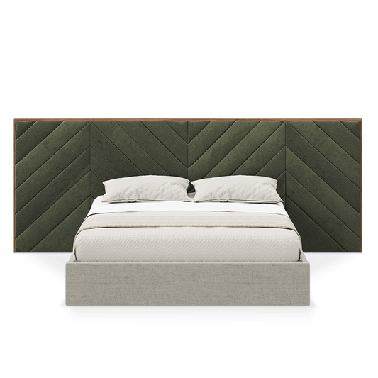 modern bed with stylish headboard with triangular pattern in green color, available in marbella, fuengirola, gibraltar, malaga, estepona, etc.