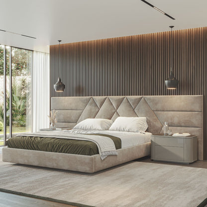 an elegant italian beige modern bed with stylish headboard sectioned in different diamond shaped sections, floating bed base included, available in marbella, fuengirola, gibraltar, malaga, estepona, etc