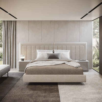 an elegant italian beige modern bed with stylish headboard sectioned in different vertical pieces, bed base included, available in marbella, fuengirola, gibraltar, malaga, estepona, etc