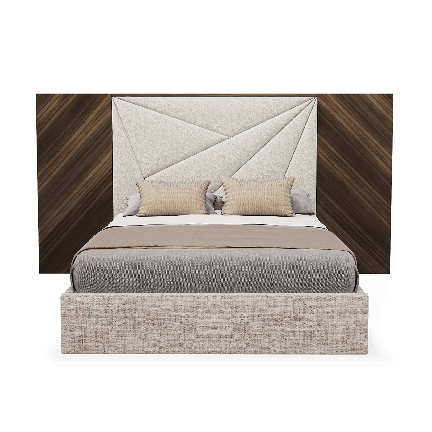 modern bed with stylish headboard with triangular patterns and walnut wood behind, available in marbella, fuengirola, gibraltar, malaga, estepona, etc.