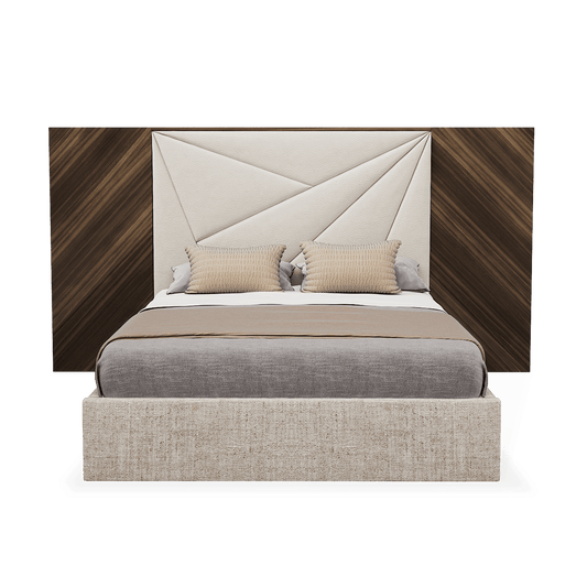 modern bed with stylish headboard with triangular patterns and walnut wood behind, available in marbella, fuengirola, gibraltar, malaga, estepona, etc.