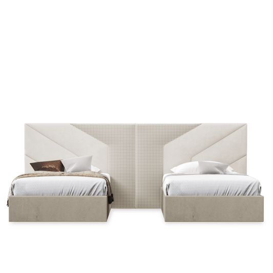 elegant italian beige modern single beds with one stylish headboard, bed bases included, available in marbella, fuengirola, gibraltar, malaga, estepona, etc