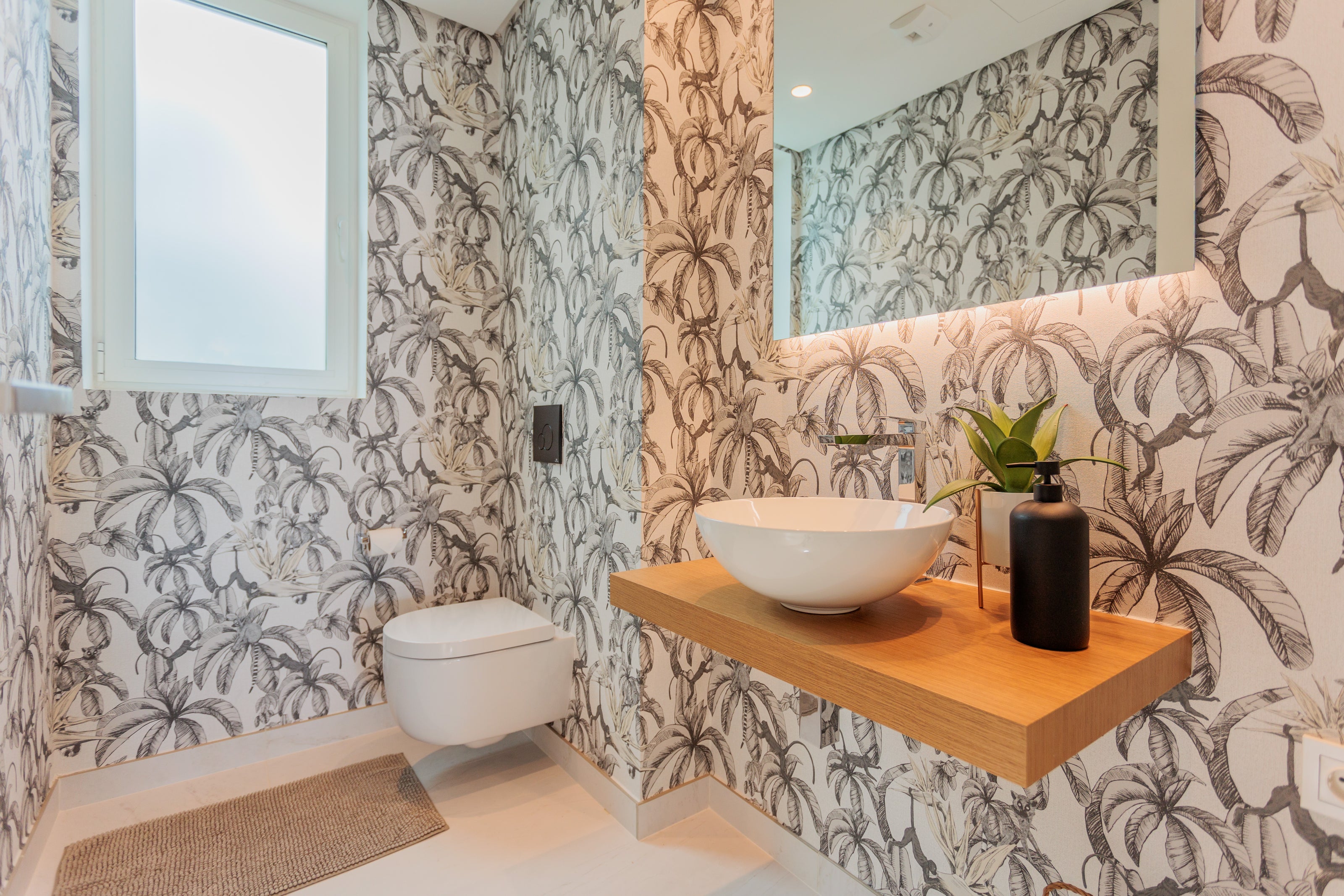 luxury bathroom interior design with custom made wallpaper available in el higueron, marbella, malaga, costa del sol, bel air.