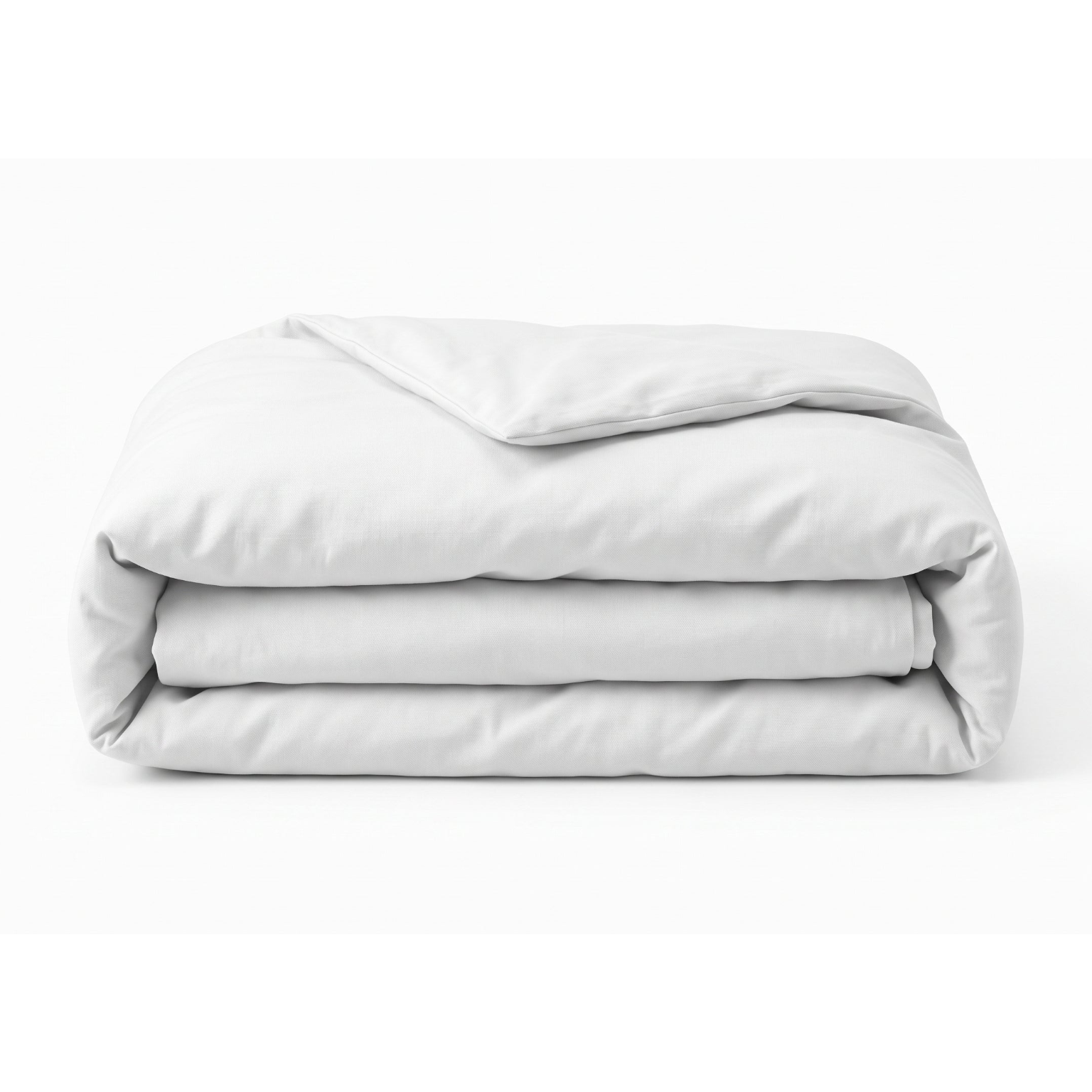 A folded white comforter or duvet with a matching pillowcase, neatly stacked on a clean white background.