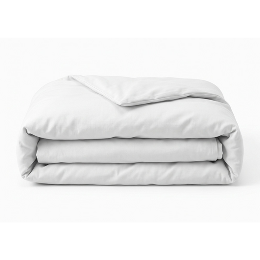 A folded white comforter or duvet with a matching pillowcase, neatly stacked on a clean white background.