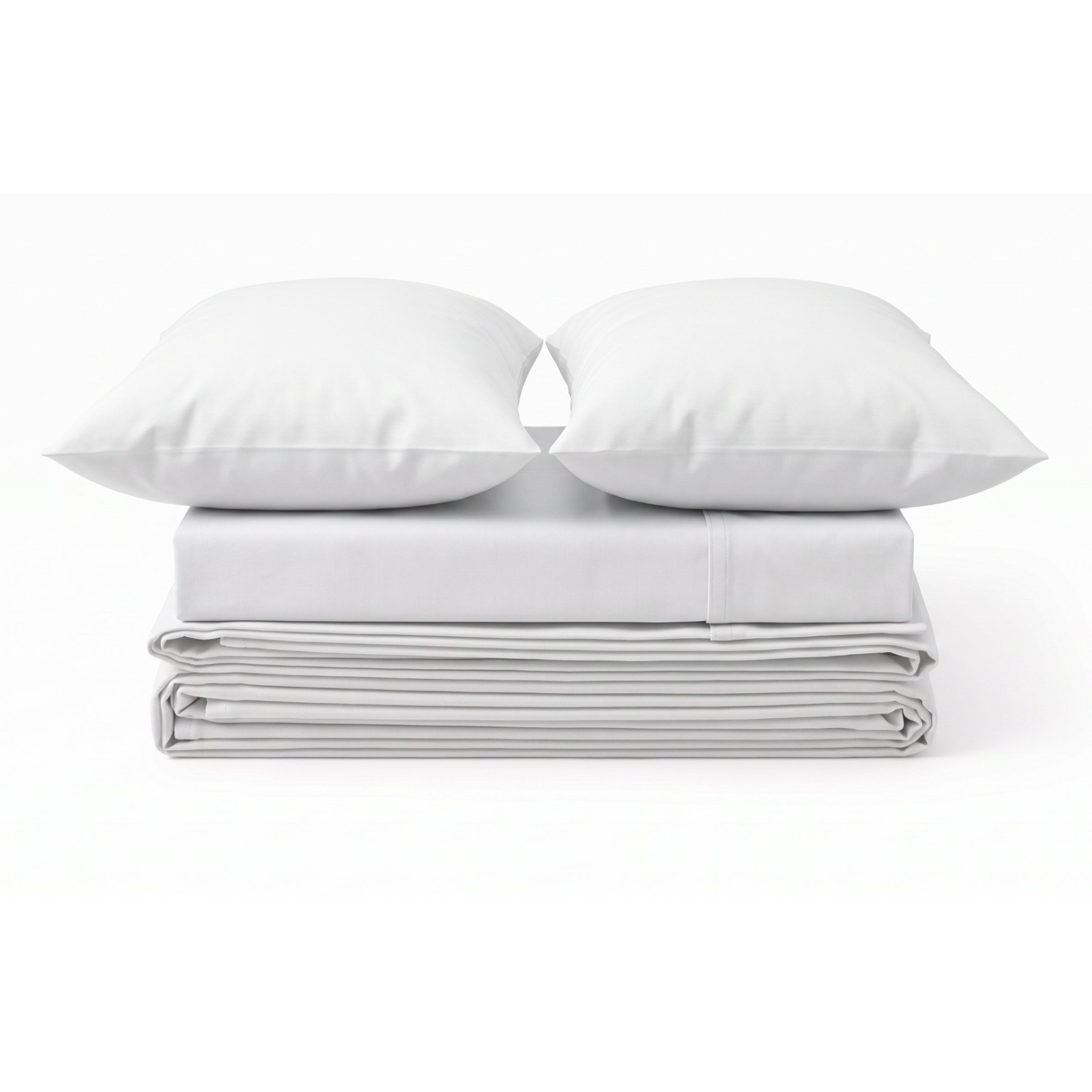 A neatly stacked bedding set on a white background, featuring two white pillows resting on top of a folded white sheet or duvet.