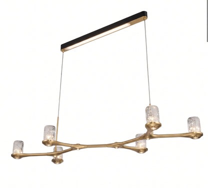 Modern multi-light linear chandelier with a brushed gold branch-like metal frame, clear textured glass shades, and a black rectangular ceiling canopy on a white background.