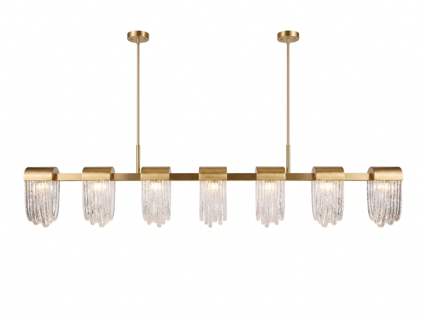 A modern linear chandelier with a brushed gold metal frame and six clear crystal droplet tubes, suspended from two vertical rods against a solid white background.