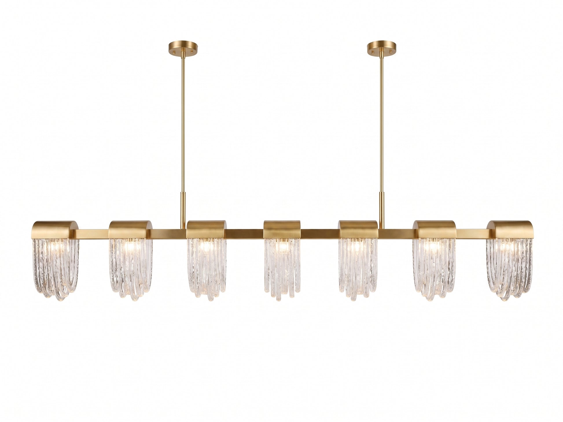 A modern linear chandelier with a brushed gold metal frame and six clear crystal droplet tubes, suspended from two vertical rods against a solid white background.