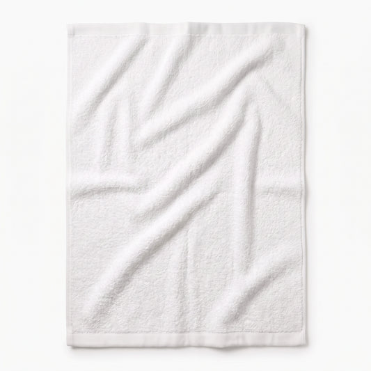 A white cotton towel with a textured terry cloth surface, shown flat against a clean white background.