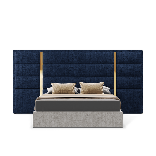 an elegant italian blue modern bed with stylish headboard with horizontal rectangular sections and golden vertical pieces, the bed base also has the same vertical designs, available in marbella, fuengirola, gibraltar, malaga, estepona, etc