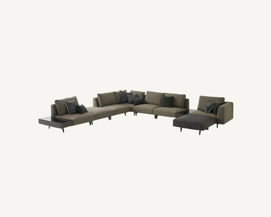 separable sofa with black legs, green fabric, modern and minimalist style furniture, avilable in marbella, estepona, torremolinos, bel air.