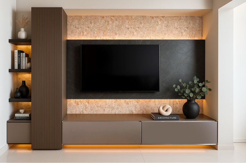 Modern living room setup with a television mounted on a wall unit in marbella costa del sol