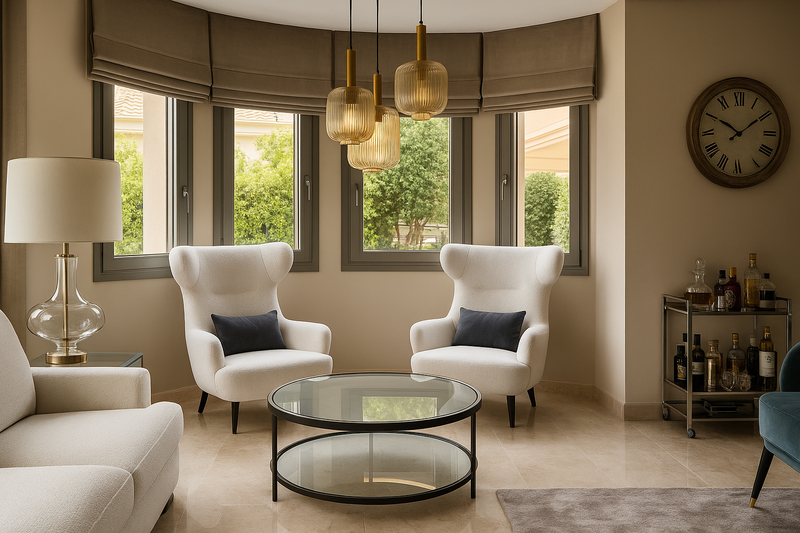 Modern living room with white armchairs, glass coffee table, and decorative items in marbella malaga