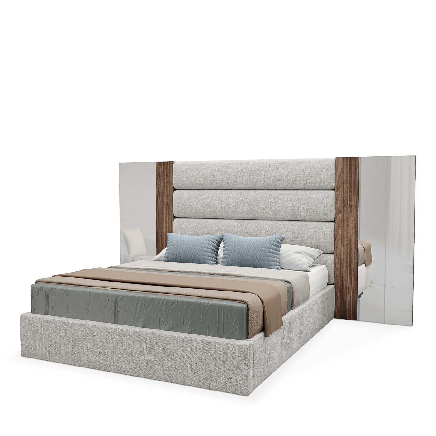 elegant italian grey modern bed with stylish headboard made of 4 horizontal pieces wrapped in fabric and 2 wooden vertical pieces and 2 mirror pieces, bed bases included, available in marbella, fuengirola, gibraltar, malaga, estepona, etc