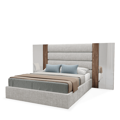 elegant italian grey modern bed with stylish headboard made of 4 horizontal pieces wrapped in fabric and 2 wooden vertical pieces and 2 mirror pieces, bed bases included, available in marbella, fuengirola, gibraltar, malaga, estepona, etc