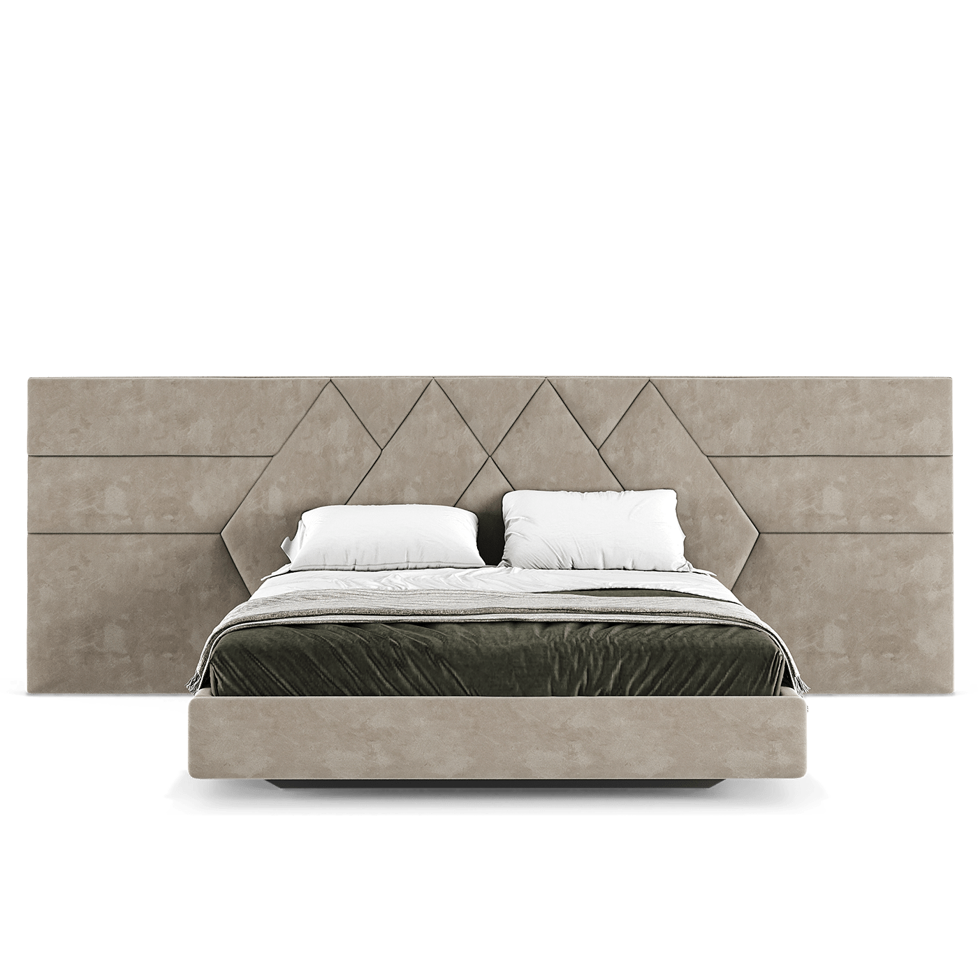 an elegant italian beige modern bed with stylish headboard sectioned in different diamond shaped sections, floating bed base included, available in marbella, fuengirola, gibraltar, malaga, estepona, etc