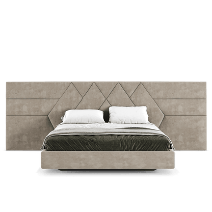 an elegant italian beige modern bed with stylish headboard sectioned in different diamond shaped sections, floating bed base included, available in marbella, fuengirola, gibraltar, malaga, estepona, etc