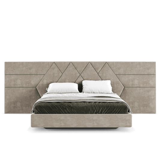 an elegant italian beige modern bed with stylish headboard sectioned in different diamond shaped sections, floating bed base included, available in marbella, fuengirola, gibraltar, malaga, estepona, etc