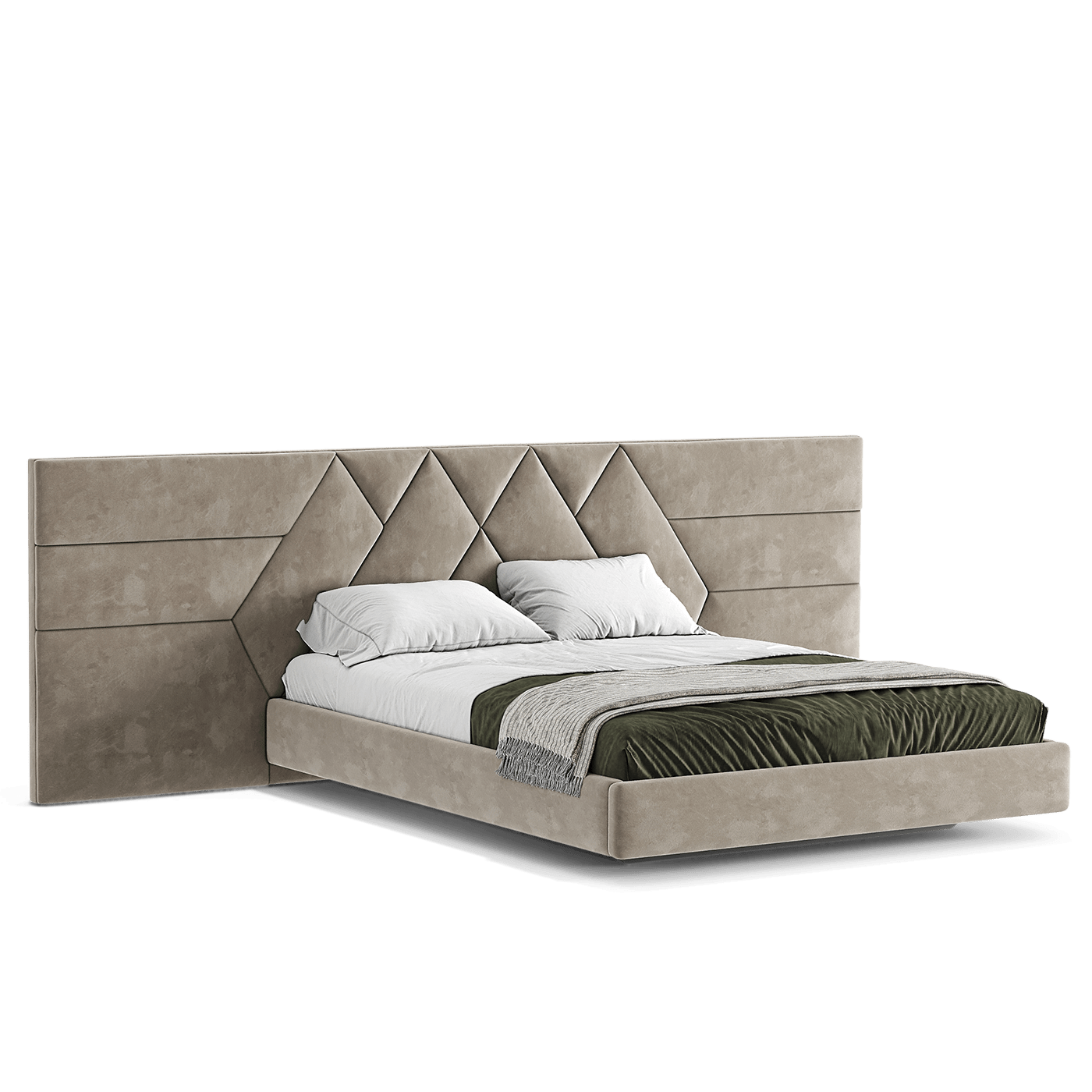 an elegant italian beige modern bed with stylish headboard sectioned in different diamond shaped sections, floating bed base included, available in marbella, fuengirola, gibraltar, malaga, estepona, etc