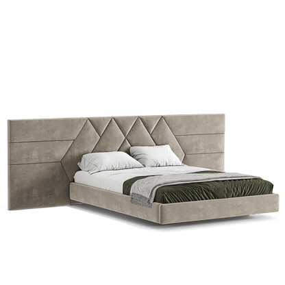 an elegant italian beige modern bed with stylish headboard sectioned in different diamond shaped sections, floating bed base included, available in marbella, fuengirola, gibraltar, malaga, estepona, etc