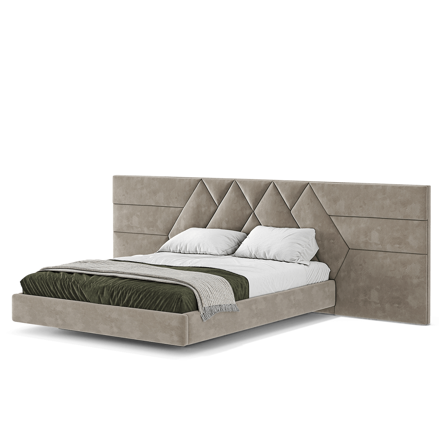 an elegant italian beige modern bed with stylish headboard sectioned in different diamond shaped sections, floating bed base included, available in marbella, fuengirola, gibraltar, malaga, estepona, etc