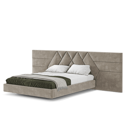 an elegant italian beige modern bed with stylish headboard sectioned in different diamond shaped sections, floating bed base included, available in marbella, fuengirola, gibraltar, malaga, estepona, etc